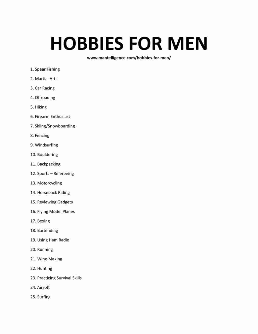 Downloadable and Printable list of hobbies for men