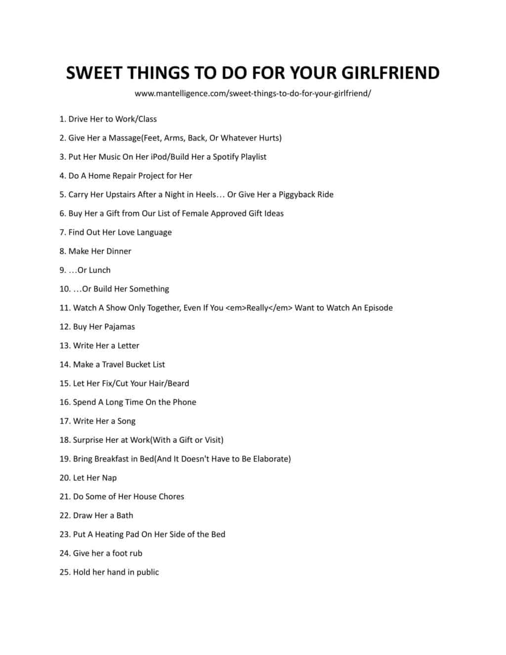 Downloadable and printable list of sweet things to do for your girlfriend as jpg or pdf
