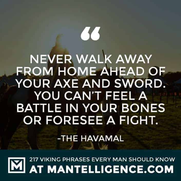 Havamal Quotes - Never walk away from home ahead of your axe and sword. You can't feel a battle in your bones or foresee a fight.