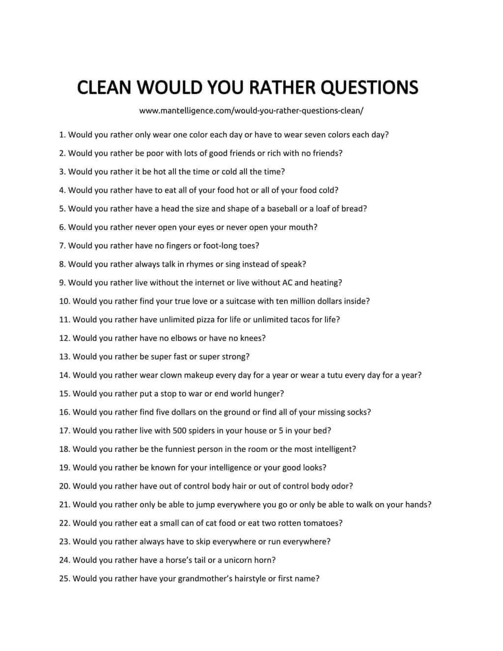 List of CLEAN WOULD YOU RATHER QUESTIONS-1