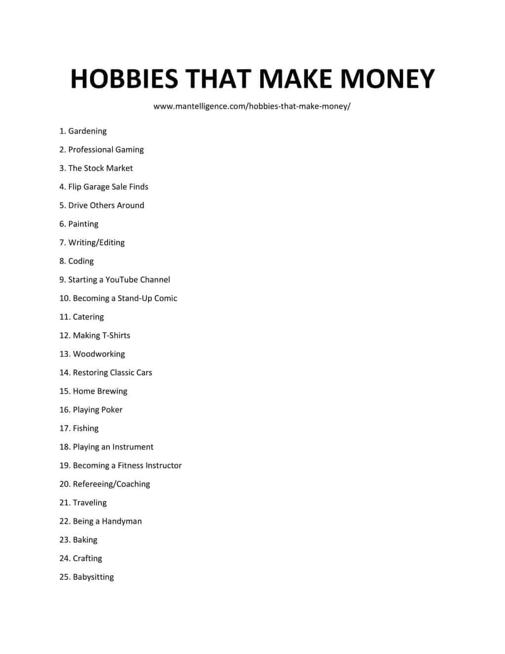 Downloadable and printable list of hobbies