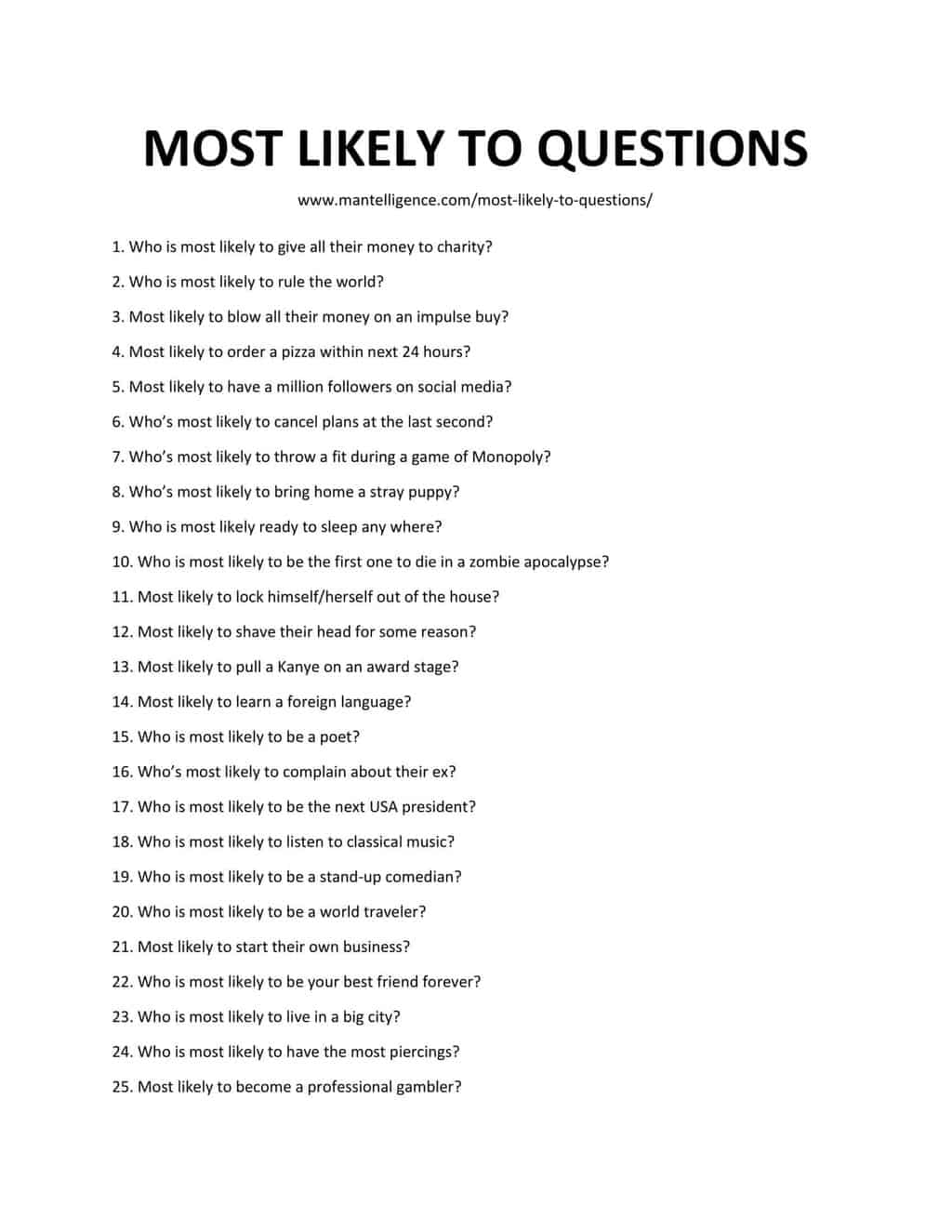 List of Most Likely To Questions