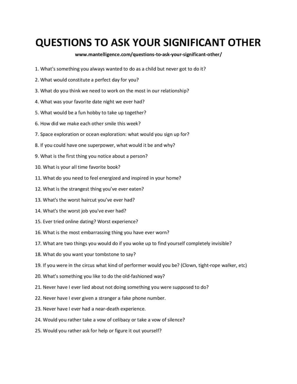 downloadable and printable list of QUESTIONS TO ASK YOUR SIGNIFICANT OTHER