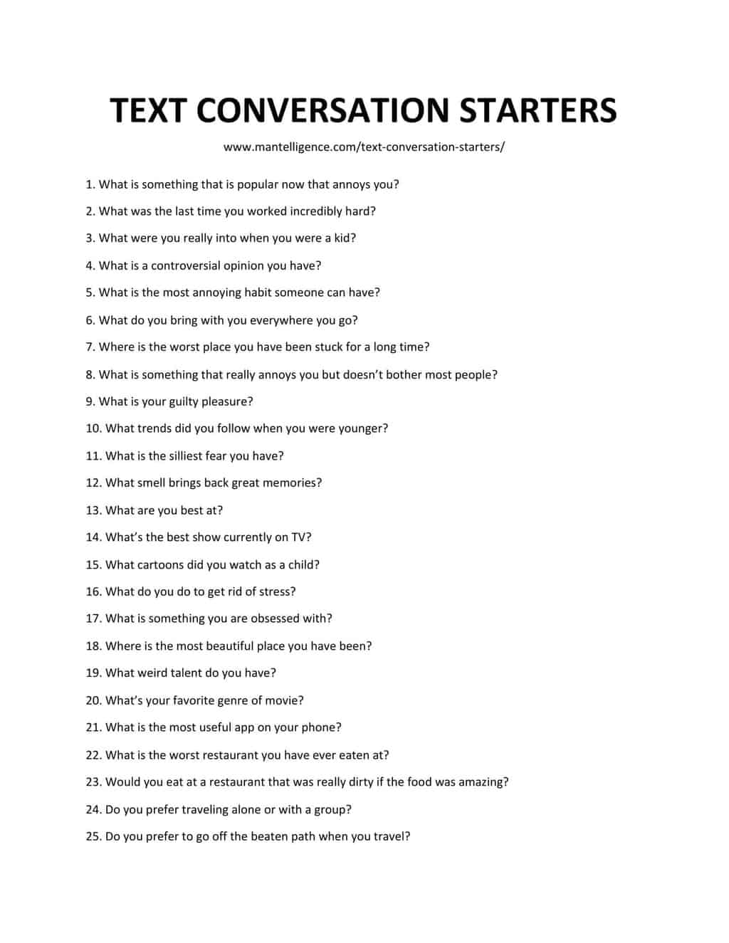 Downloadable and Printable list of Text Conversation Starters as jpg/pdf