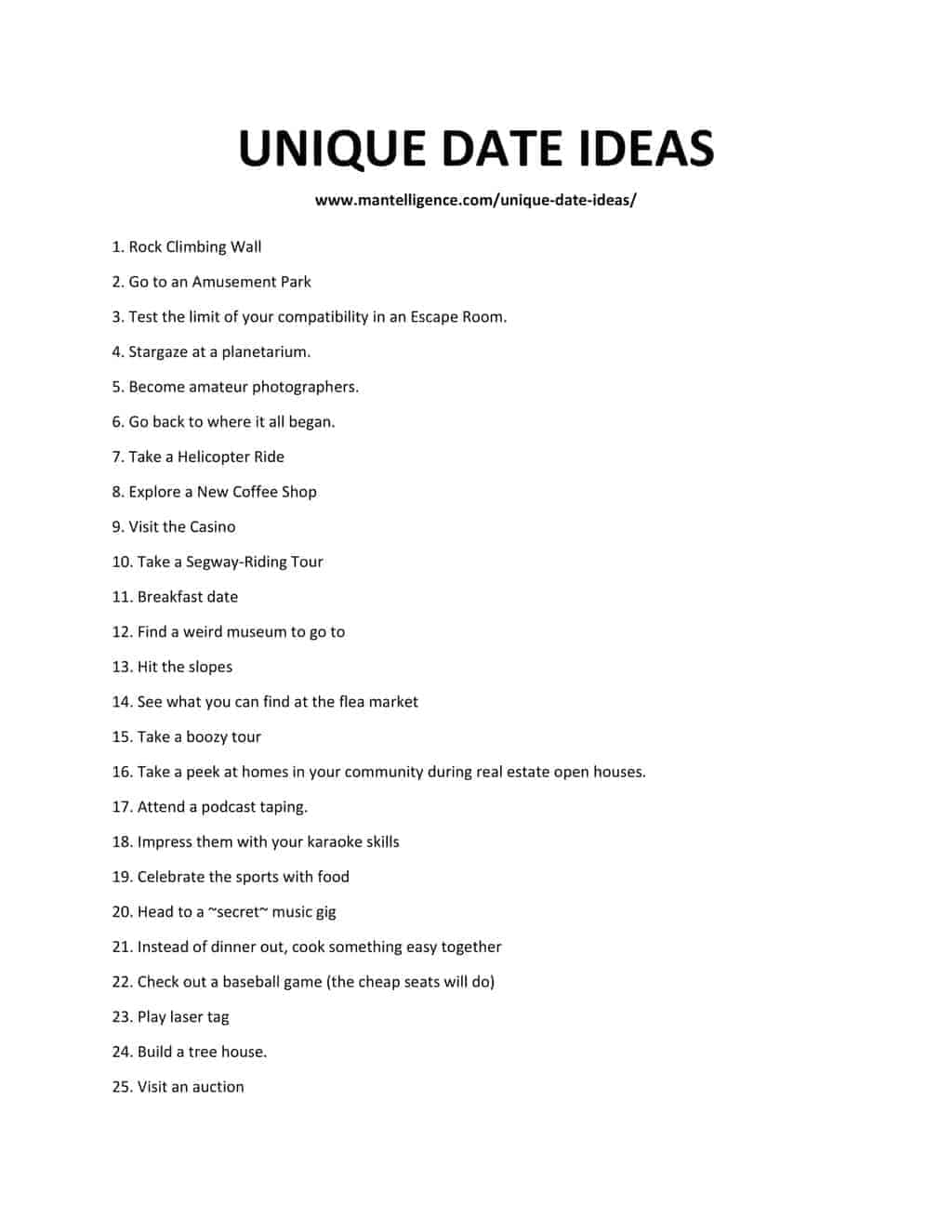 Downloadable and Printable List of Unique Date Ideas