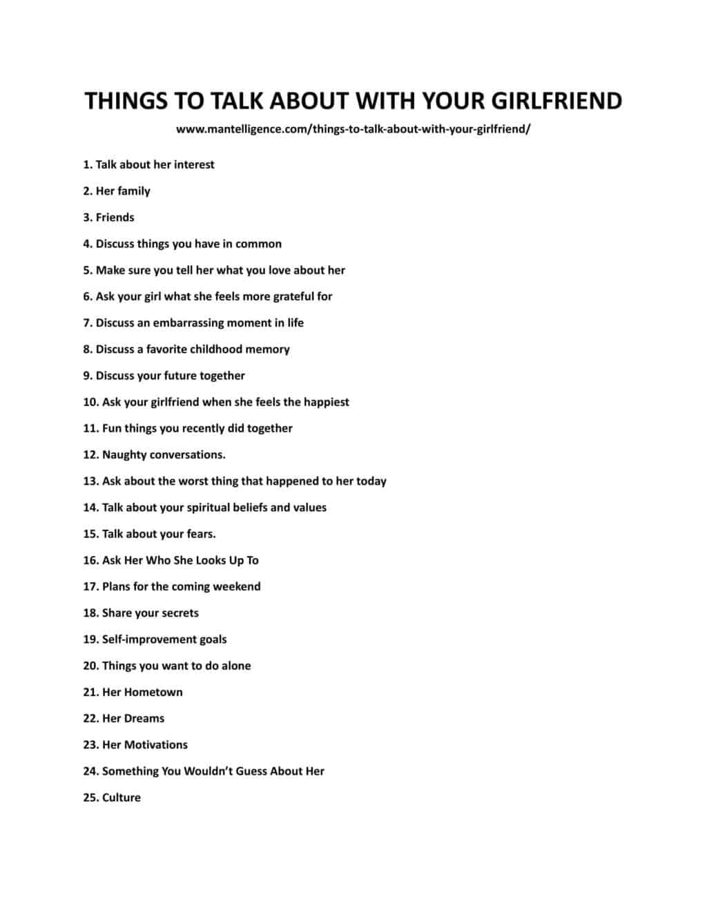 Downloadable and printable list of things to talk about with your girlfriend as jpg or pdf