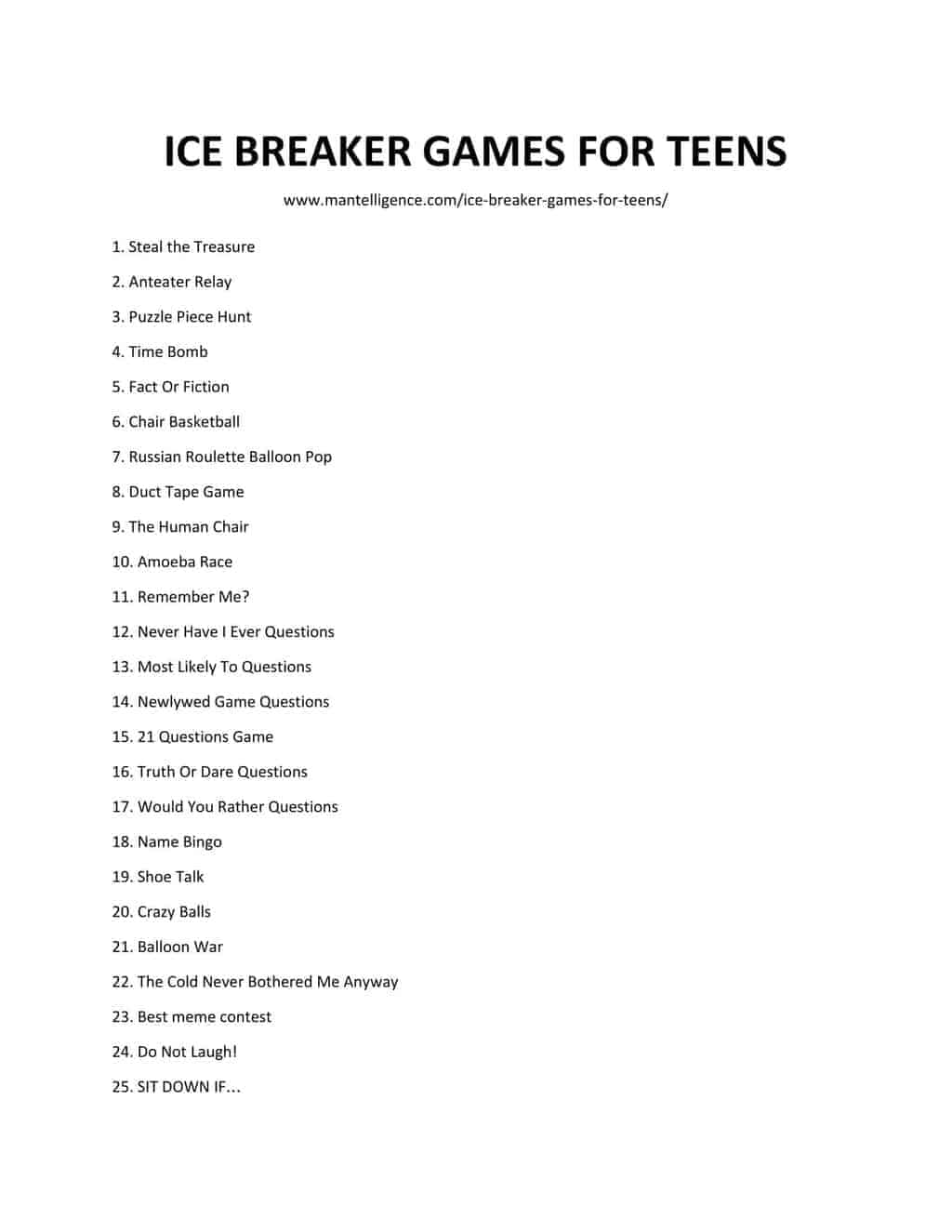 List of ICE BREAKER GAMES FOR TEENS 3