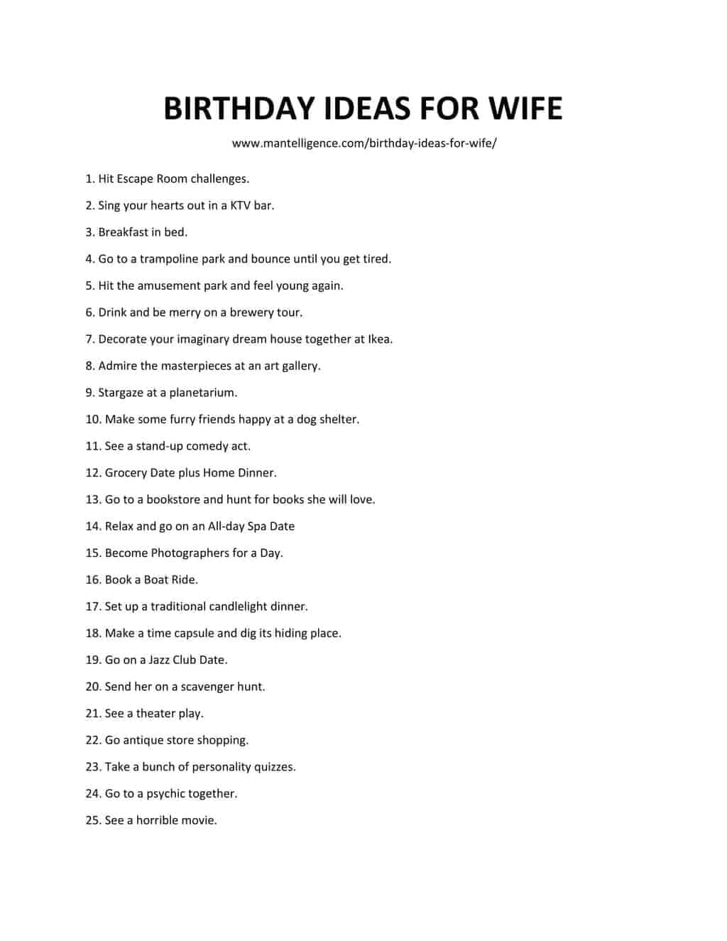 list of BIRTHDAY IDEAS FOR WIFE