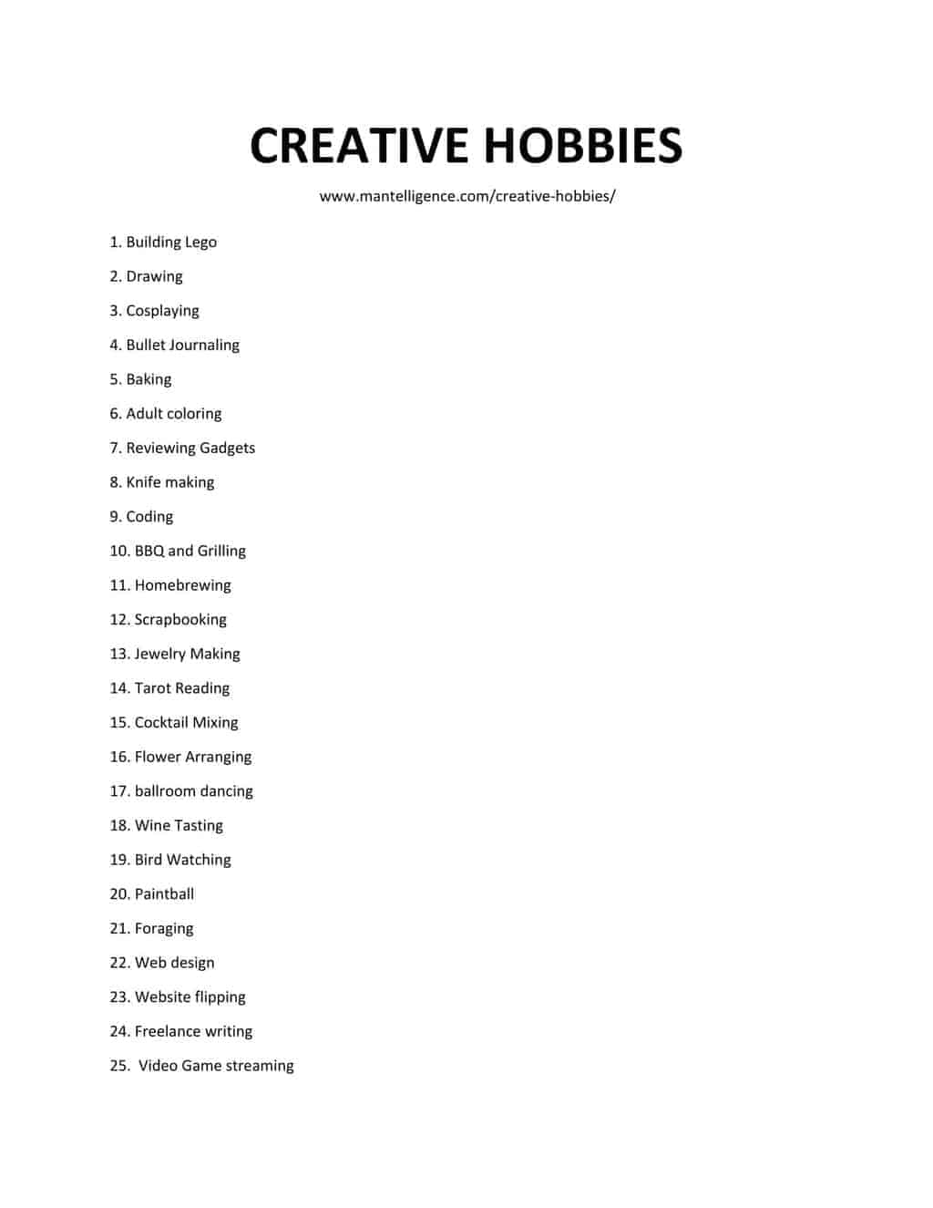 LIST OF CREATIVE HOBBIES