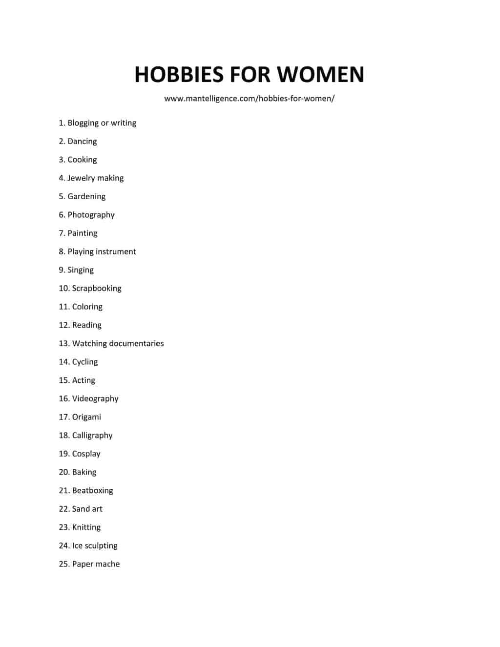list of HOBBIES FOR WOMEN