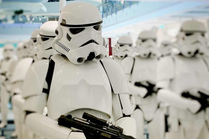 Stormtroopers lined up in a mall