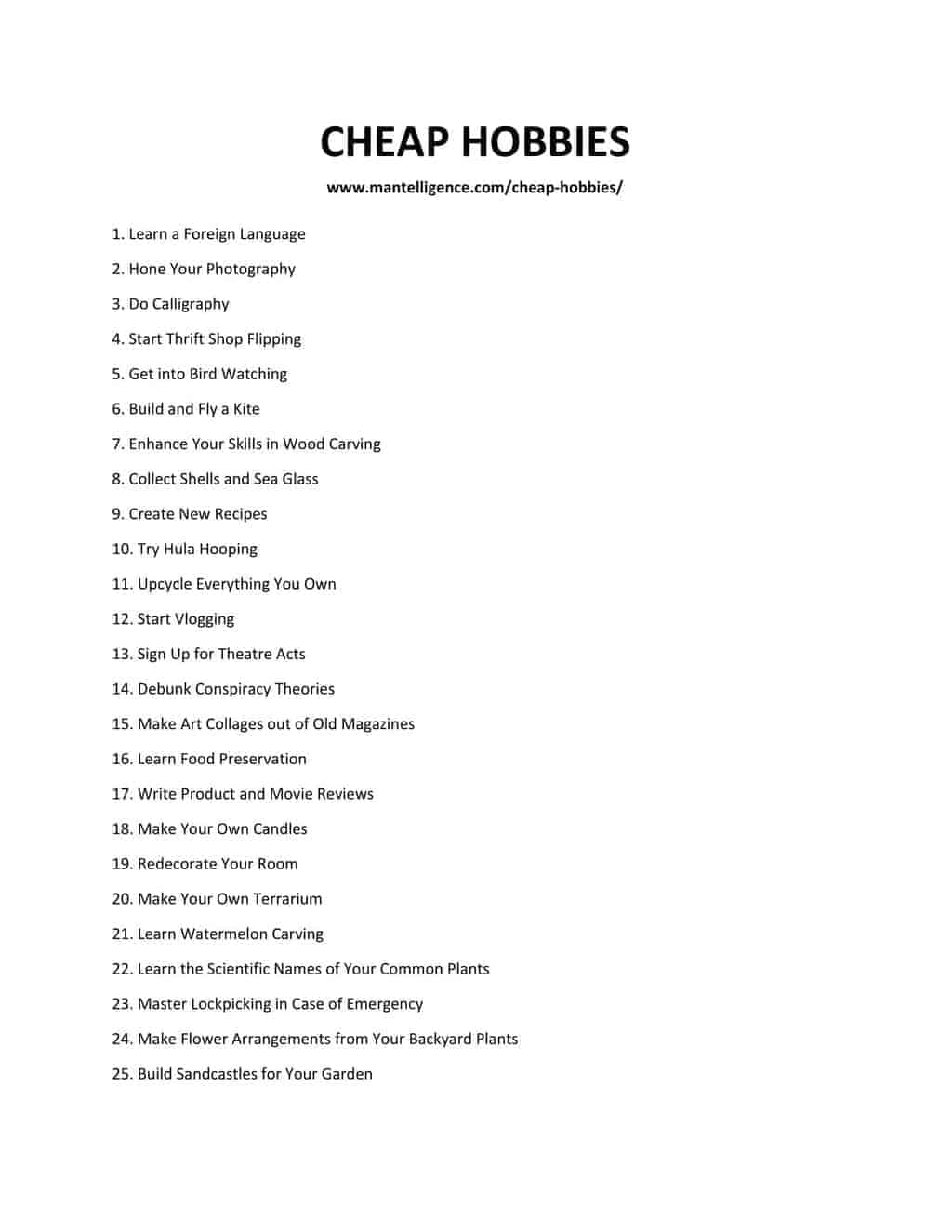 96 Cheap Hobbies - Downloadable and Printable List of Cheap Hobbies