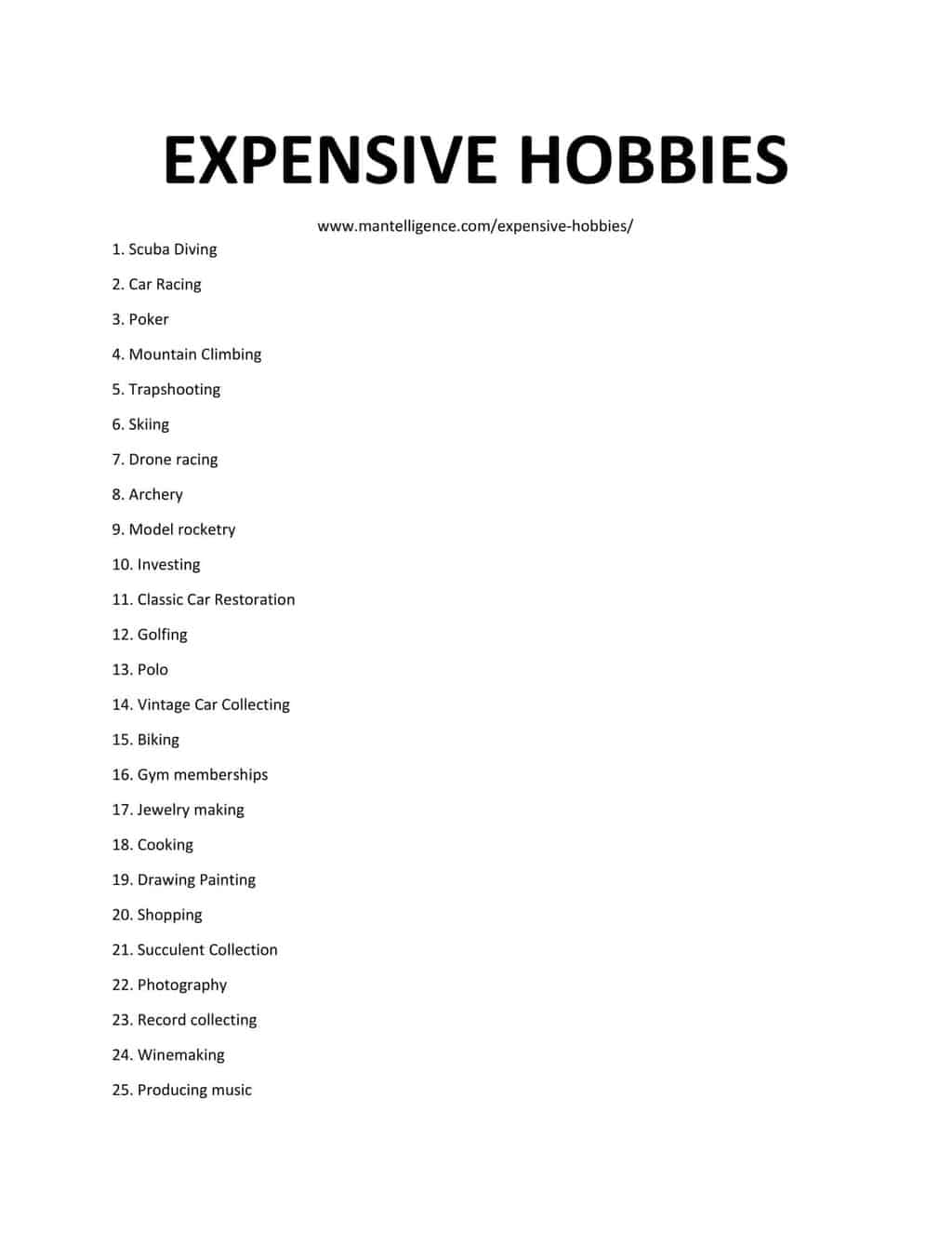 Downloadable list of Expensive Hobbies