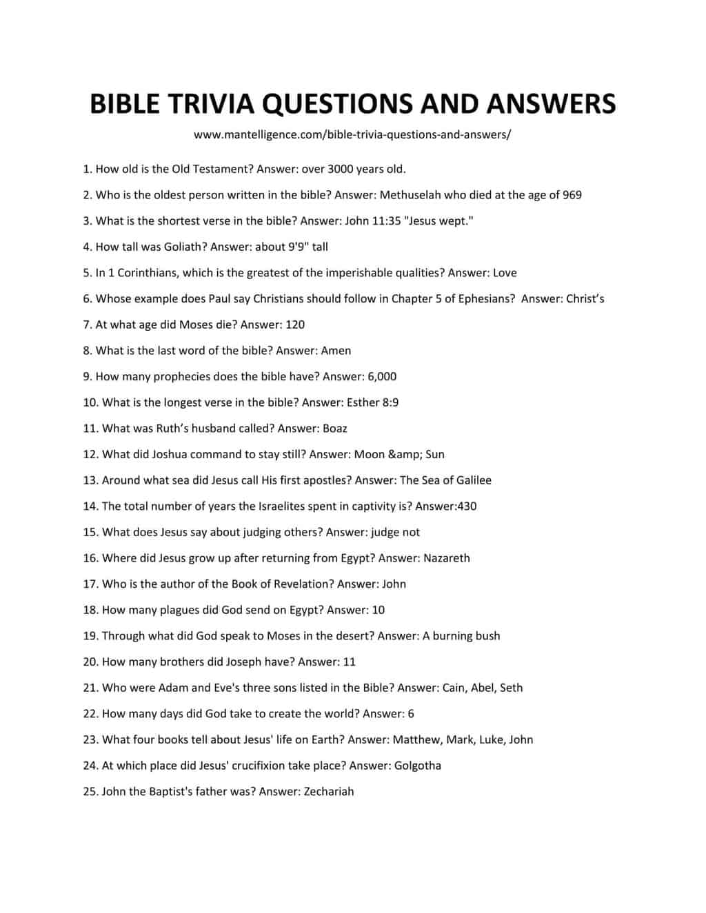 Downloadable list of Bible trivia questions and answers
