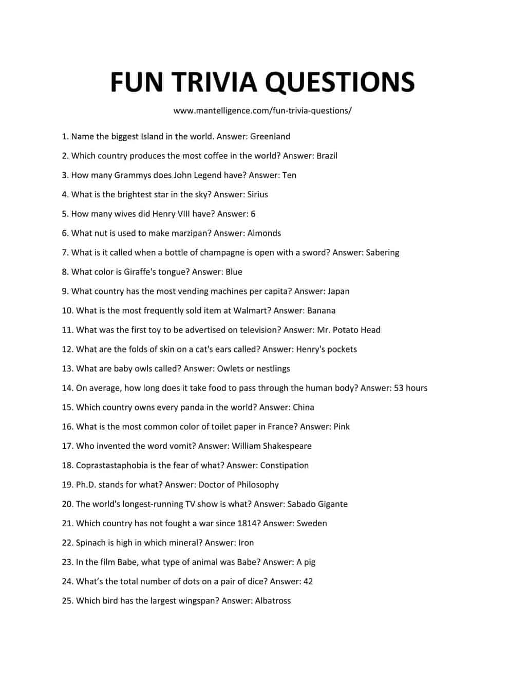 Downloadable List of Fun Trivia Questions