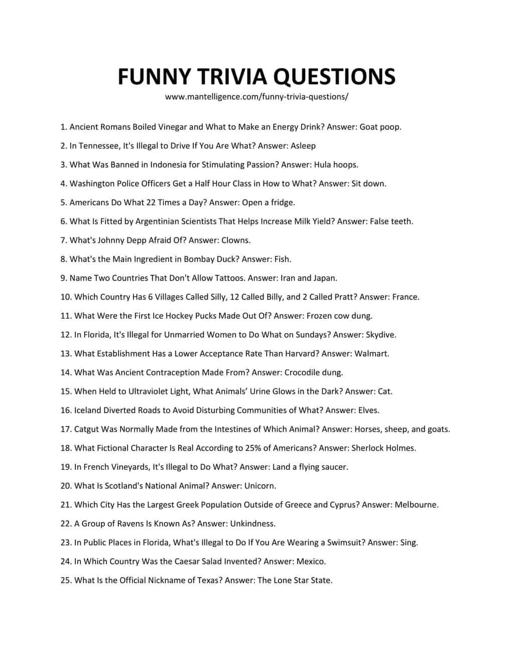 Printable Funny Trivia Questions And Answers - Challenge Your Knowledge ...