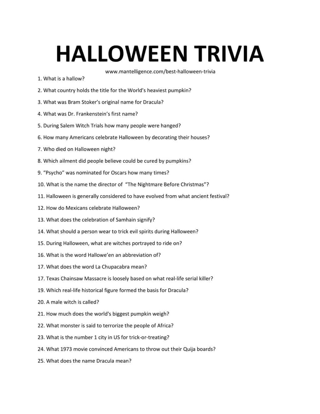 Downloadable List of Halloween Trivia