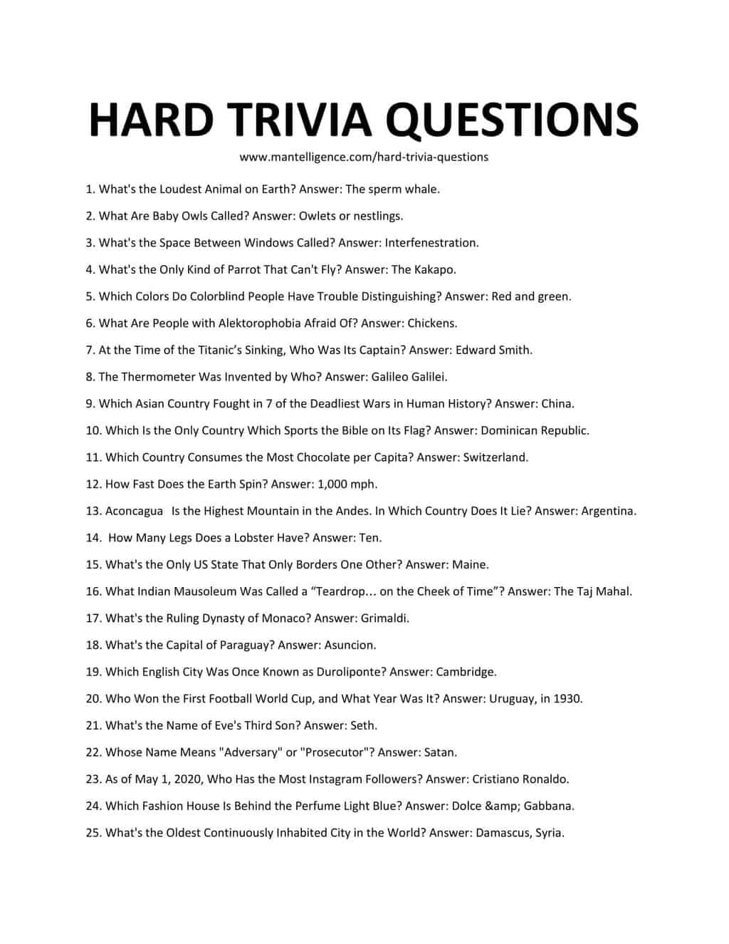 Downloadable List of Hard Trivia Questions