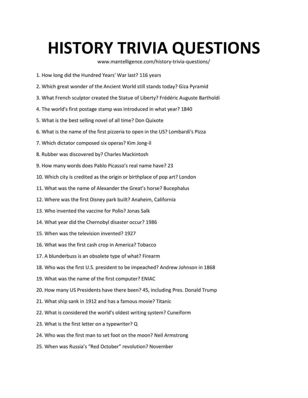 Downloadable and Printable List of History Trivia Questions