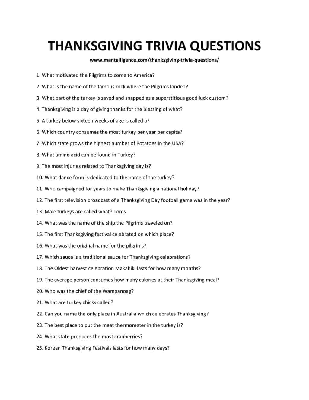 Free Printable Thanksgiving Trivia Questions And Answers