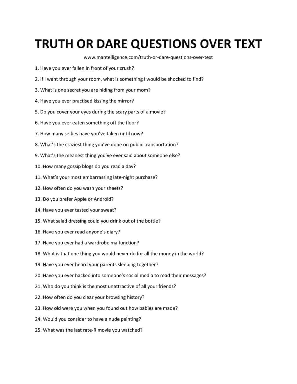 Downloadable and Printable List of Truth or Dare Questions Over Text