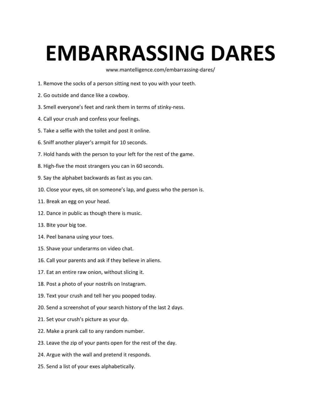 Downloadable and Printable List of Embarrassing Dares