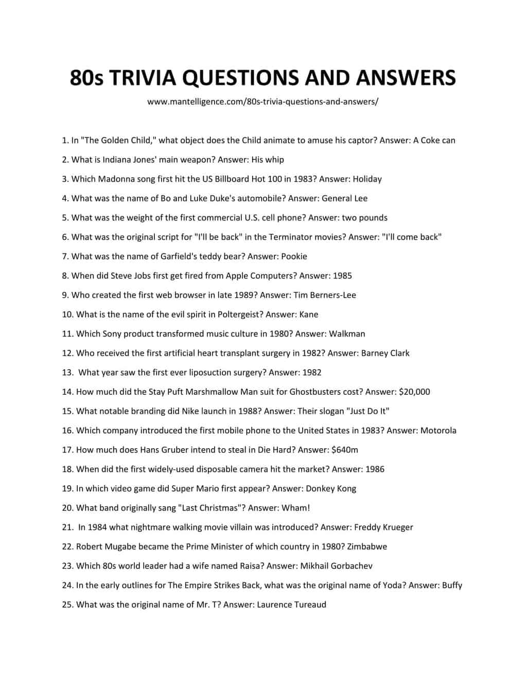 Downloadable list of 80s Trivia questions and answers