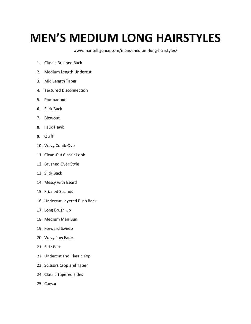 Downloadable and Printable List of Men's Medium Long Hairstyles