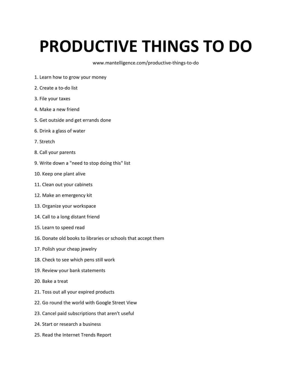 Downloadable list of productive things to do