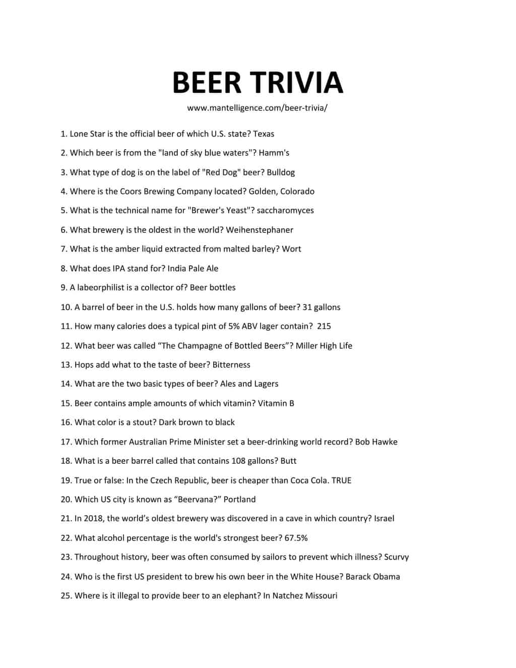 Downloadable and printable jpg/pdf list of beer trivia