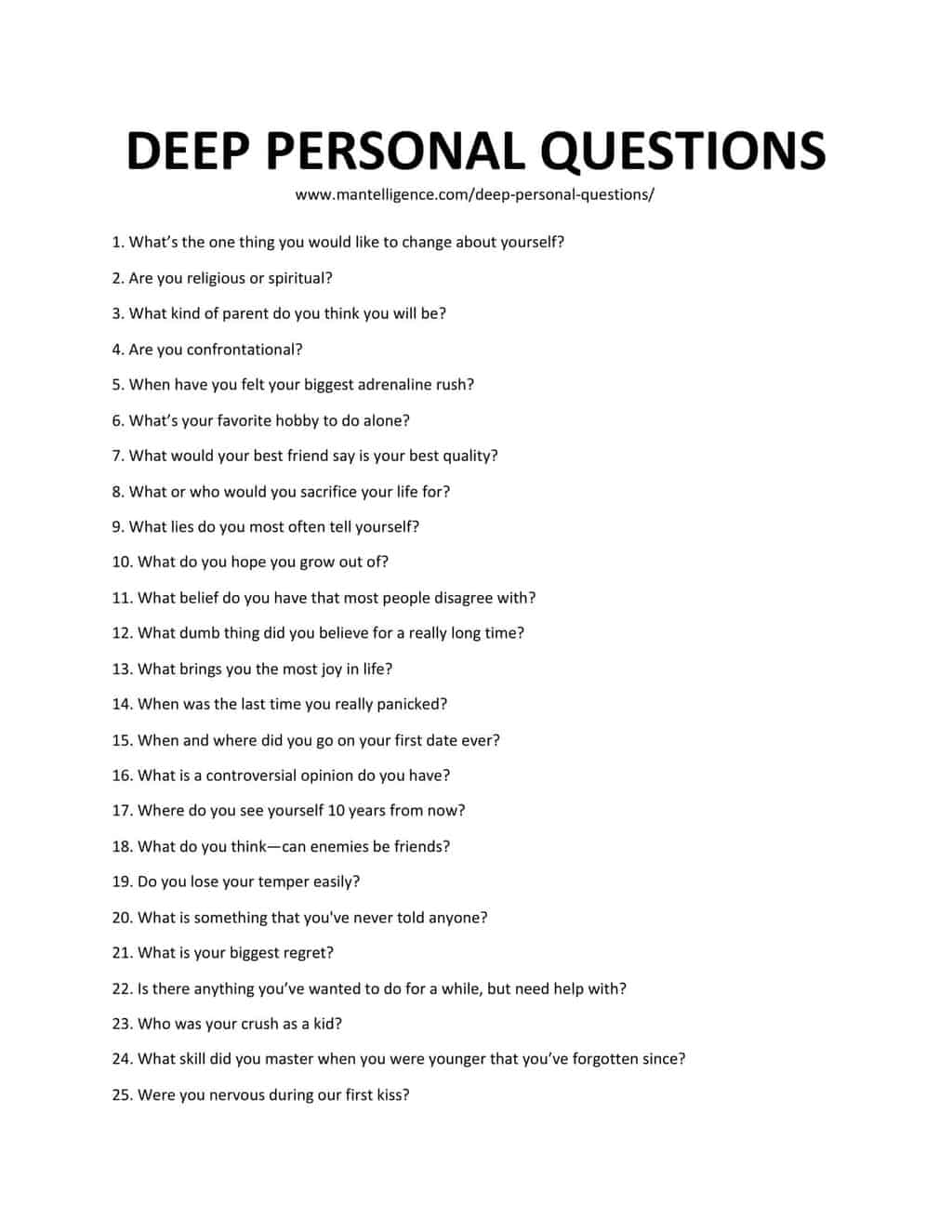 Downloadable and printable jpg/pdf list of Deep Personal Questions