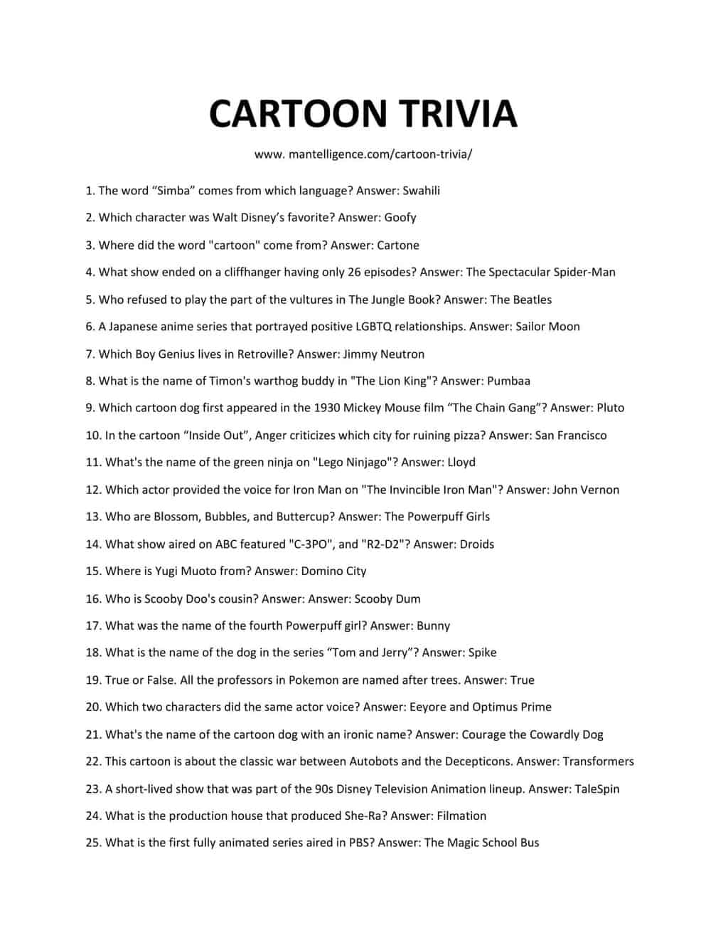 Downloadable and Printable List of Cartoon Trivia as jpg or pdf