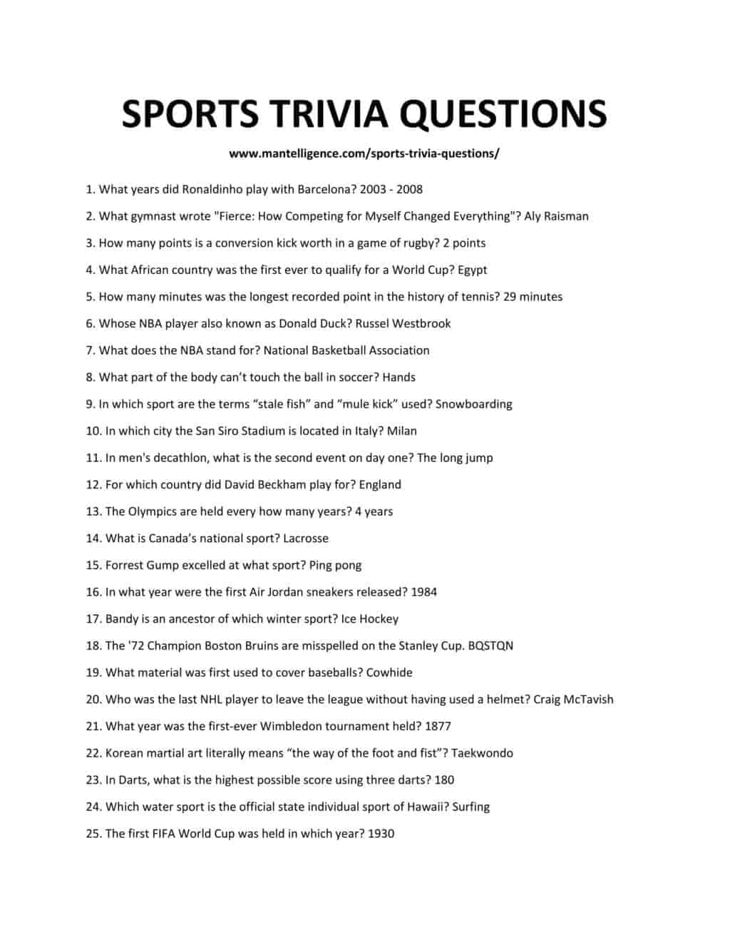 Downloadable and printable list of sports trivia questions as as jpg or pdf
