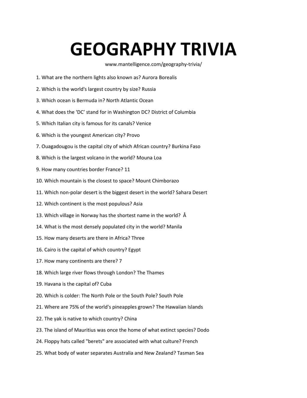 Downloadable List of Geography Trivia