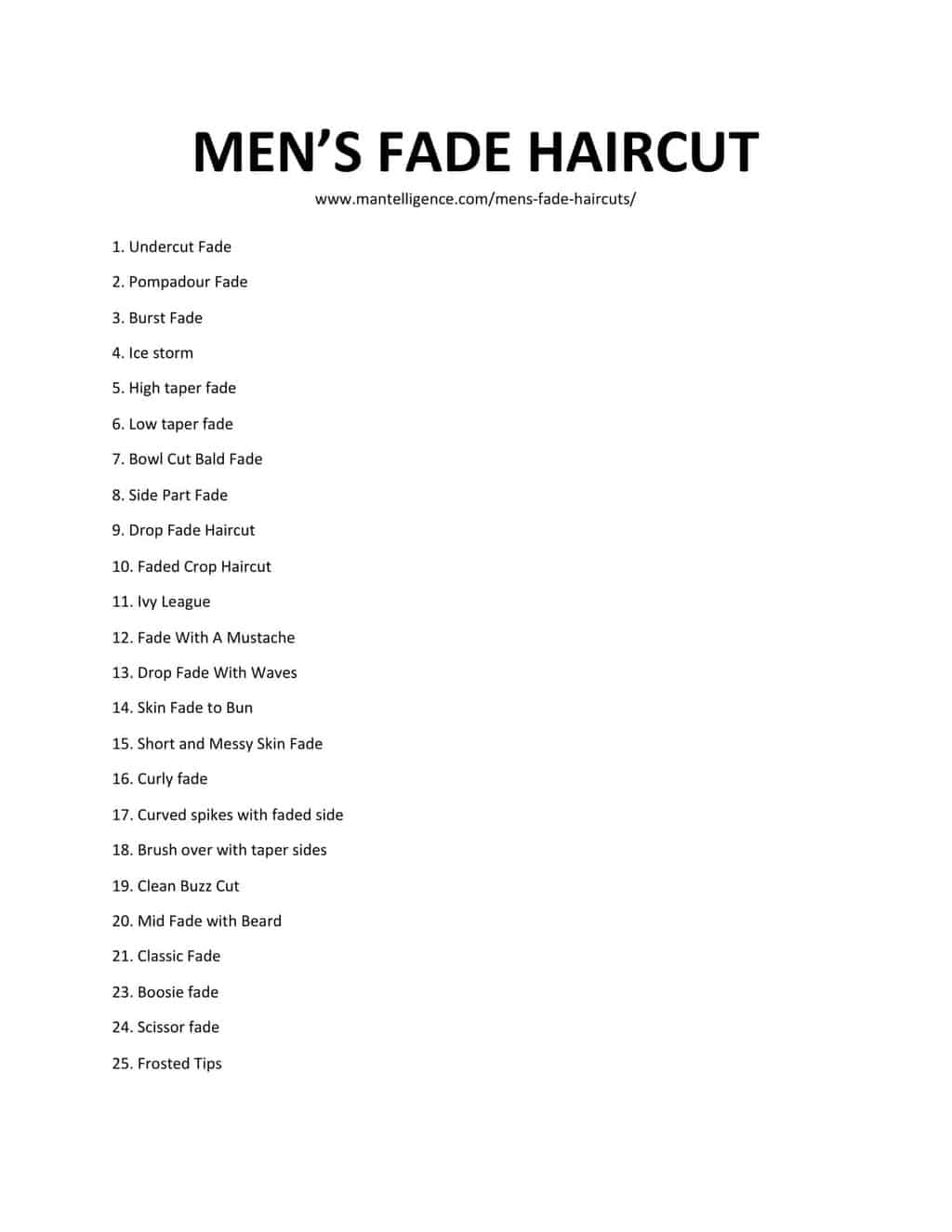 Downloadable List of Men's Fade Haircut