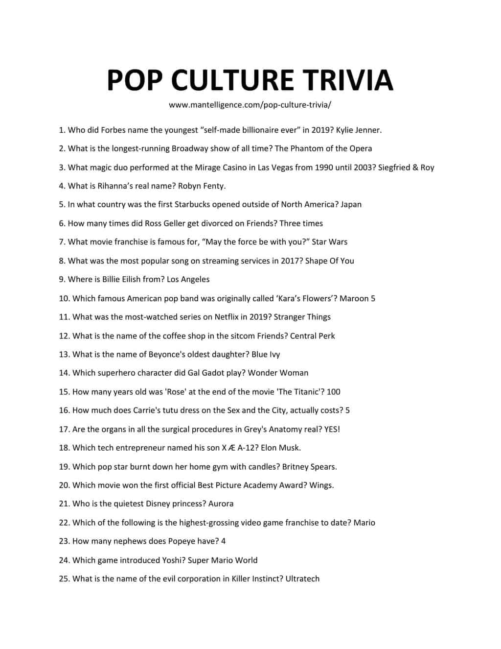 Pop Culture Trivia - Downloadable List of Pop Culture Trivia