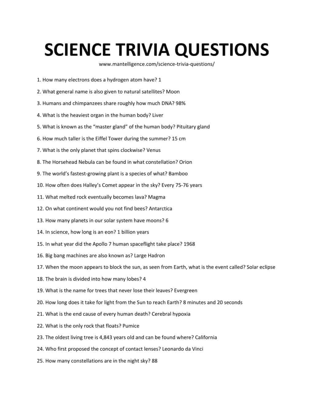 Downloadable List of Science Trivia Questions