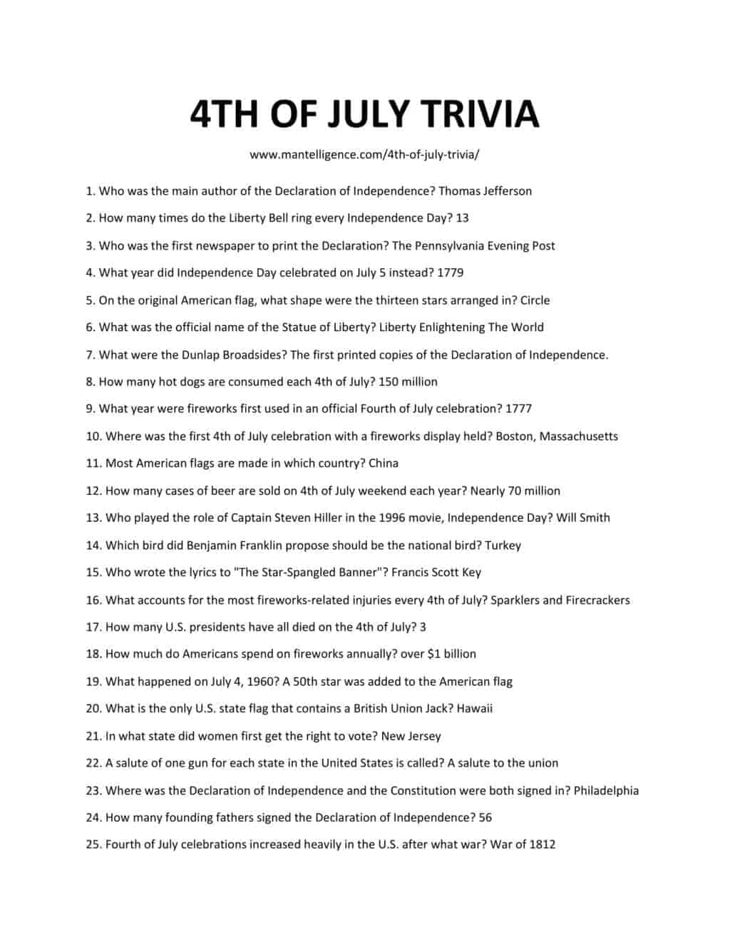 Downloadable and printable list of 4th of july trivia as jpg or pdf