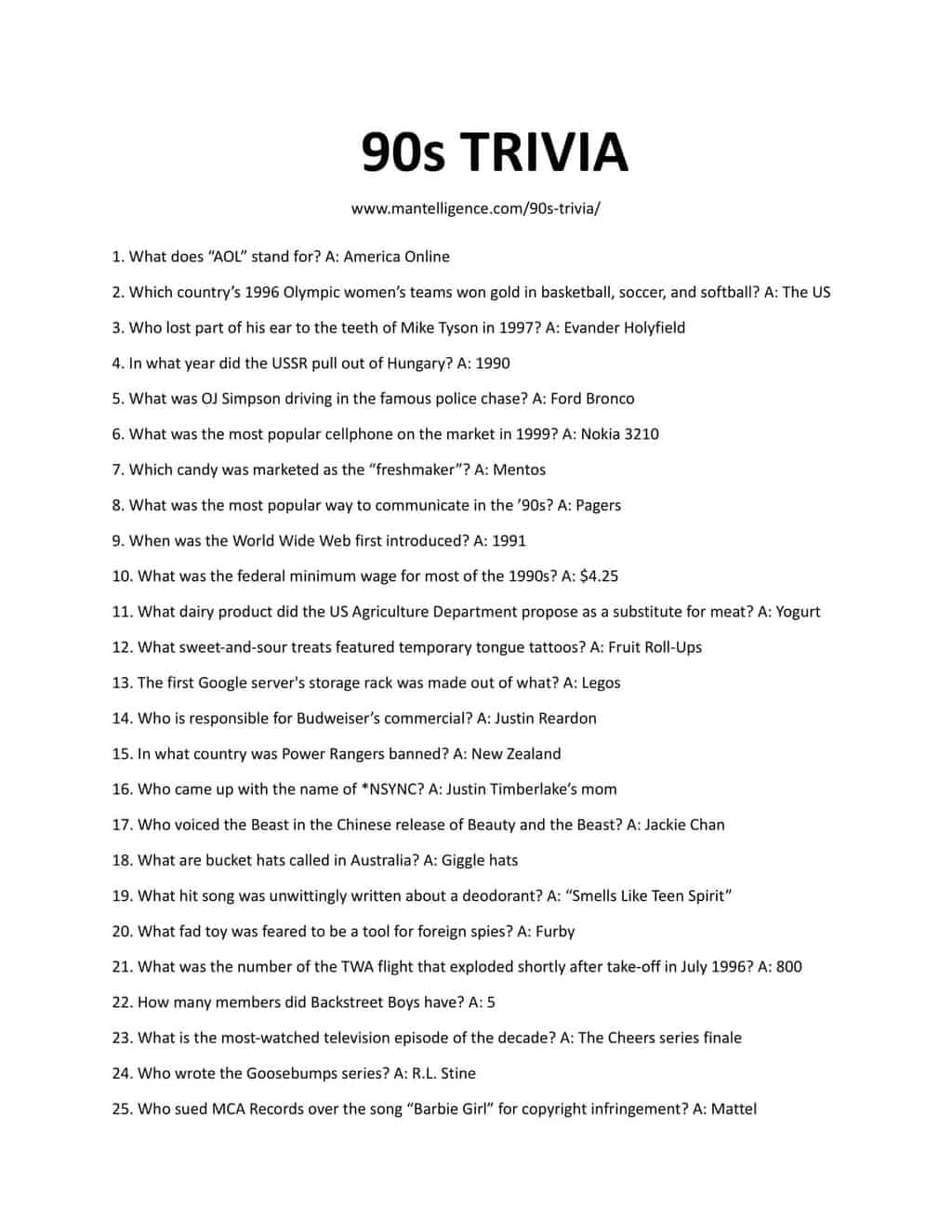 Downloadable and Printable List of 90's Trivia Questions as jpeg or pdf