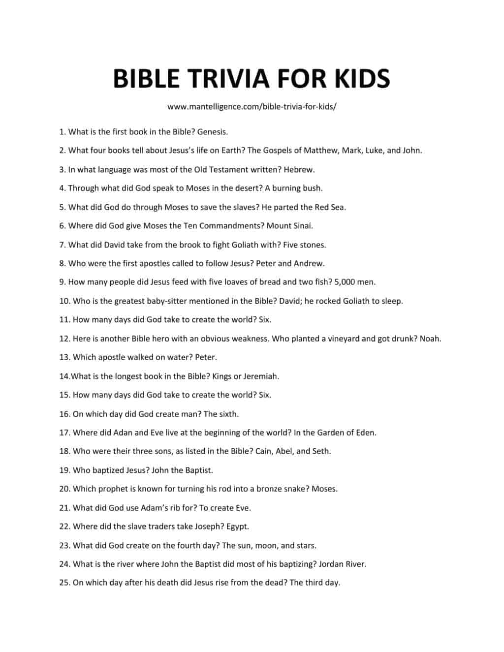 Printable Bible Trivia Questions