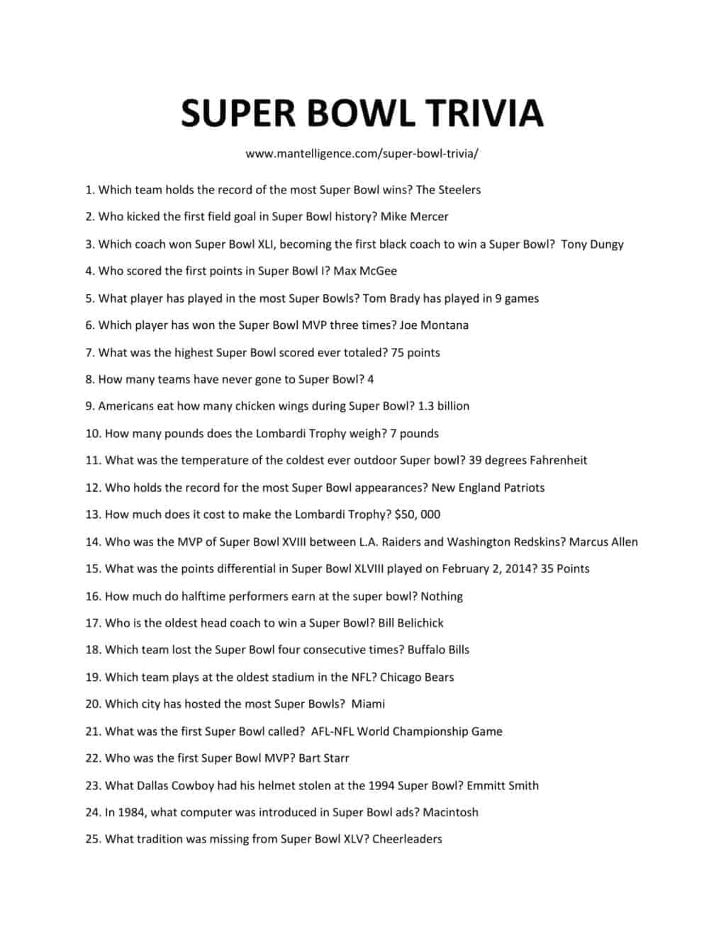 Downloadable and printable list of super bow trivia as jpg or pdf