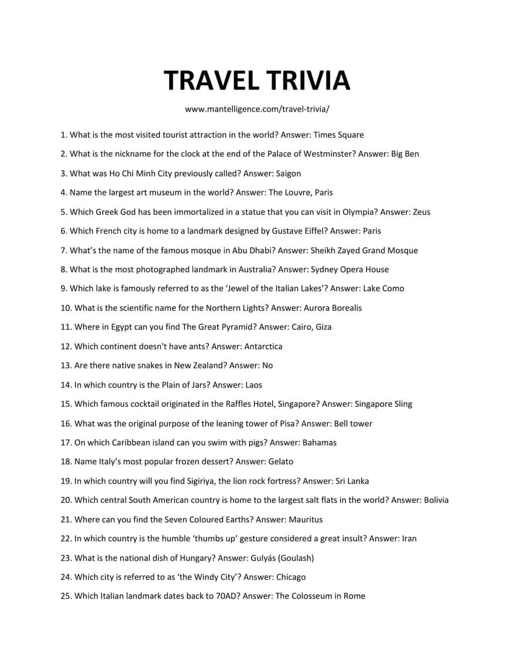 Downloadable and printable list of Travel Trivia