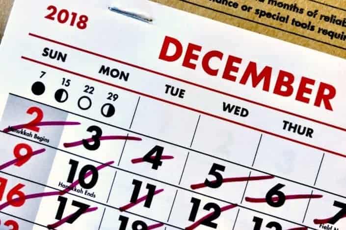 2018 December calendar with crossout marks