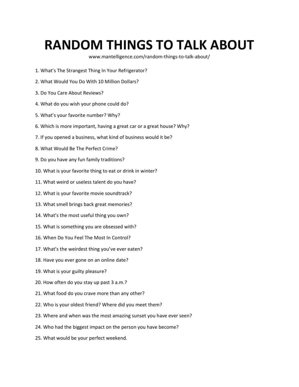 Downloadable and printable list of random things to talk about as jpg or pdf