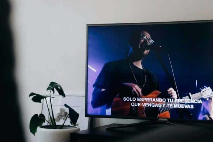 potted plant beside a television screen showing a man singing with a guitar