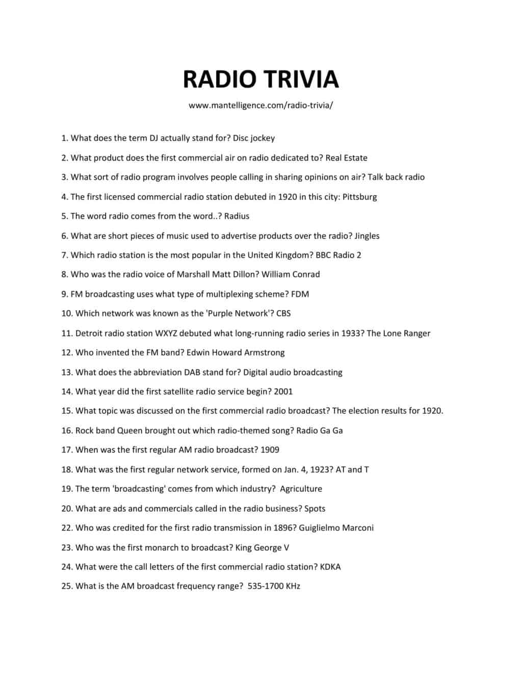 Downloadable list of trivia as jpg or pdf