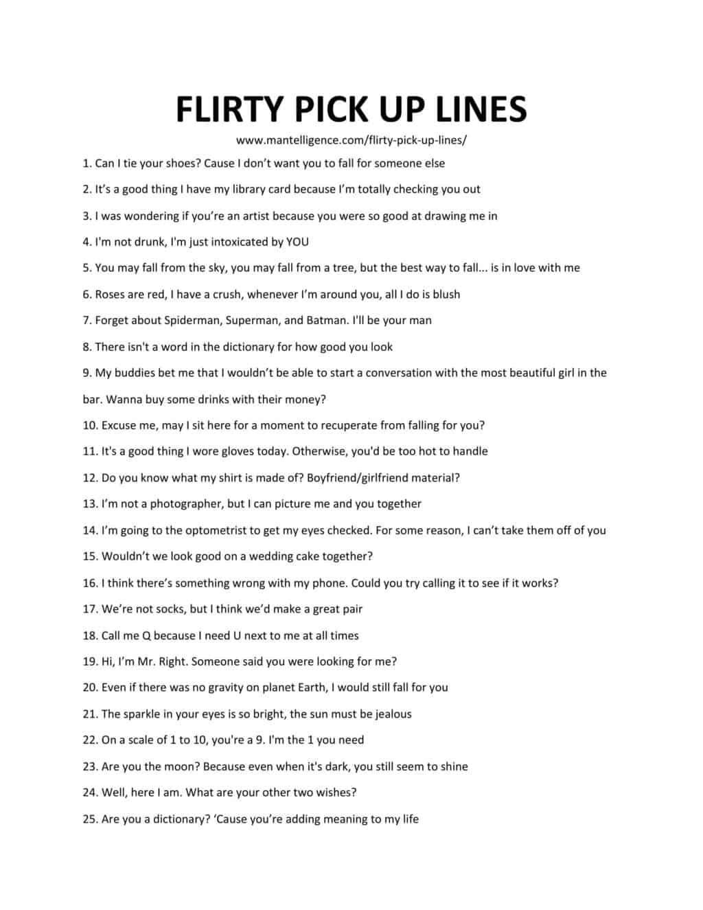 Downloadable List of Pick Up Lines