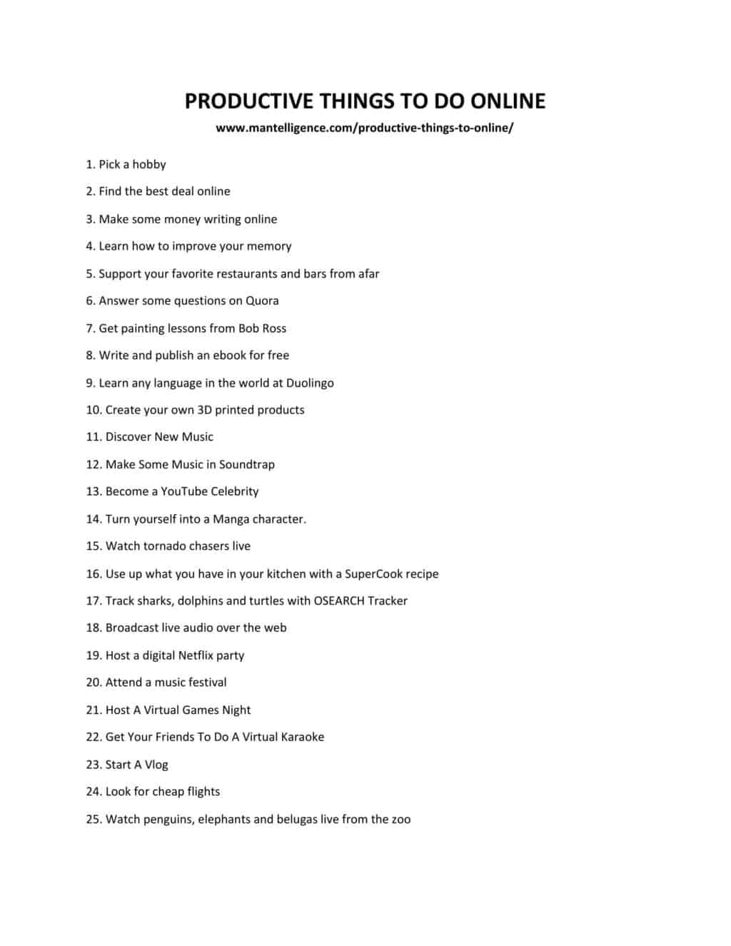 Downloadable list of productive things to do