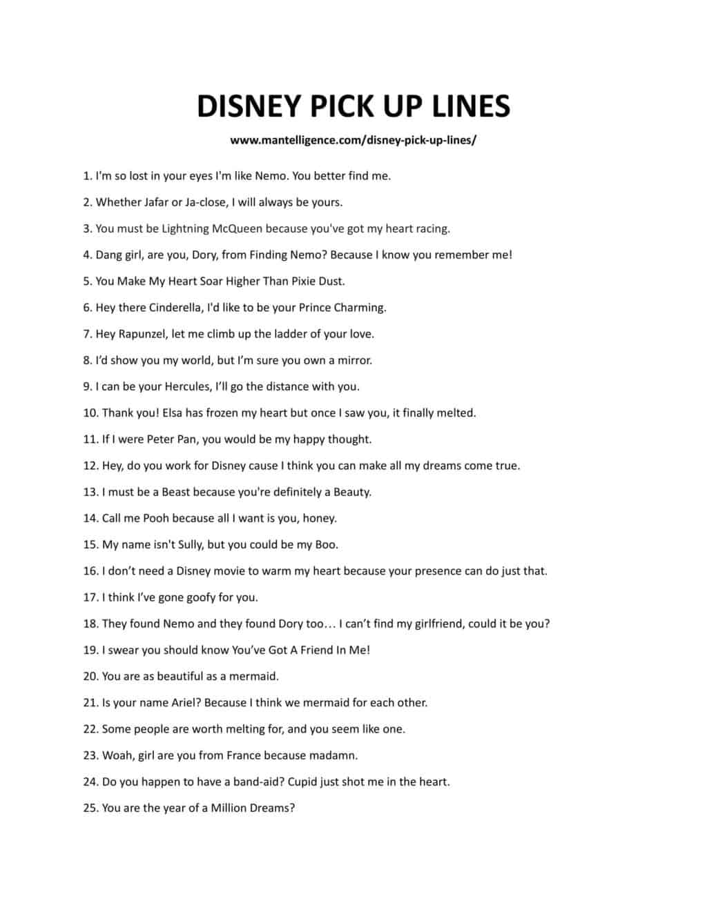 Downloadable and printable list of pick up lines as jpg or pdf