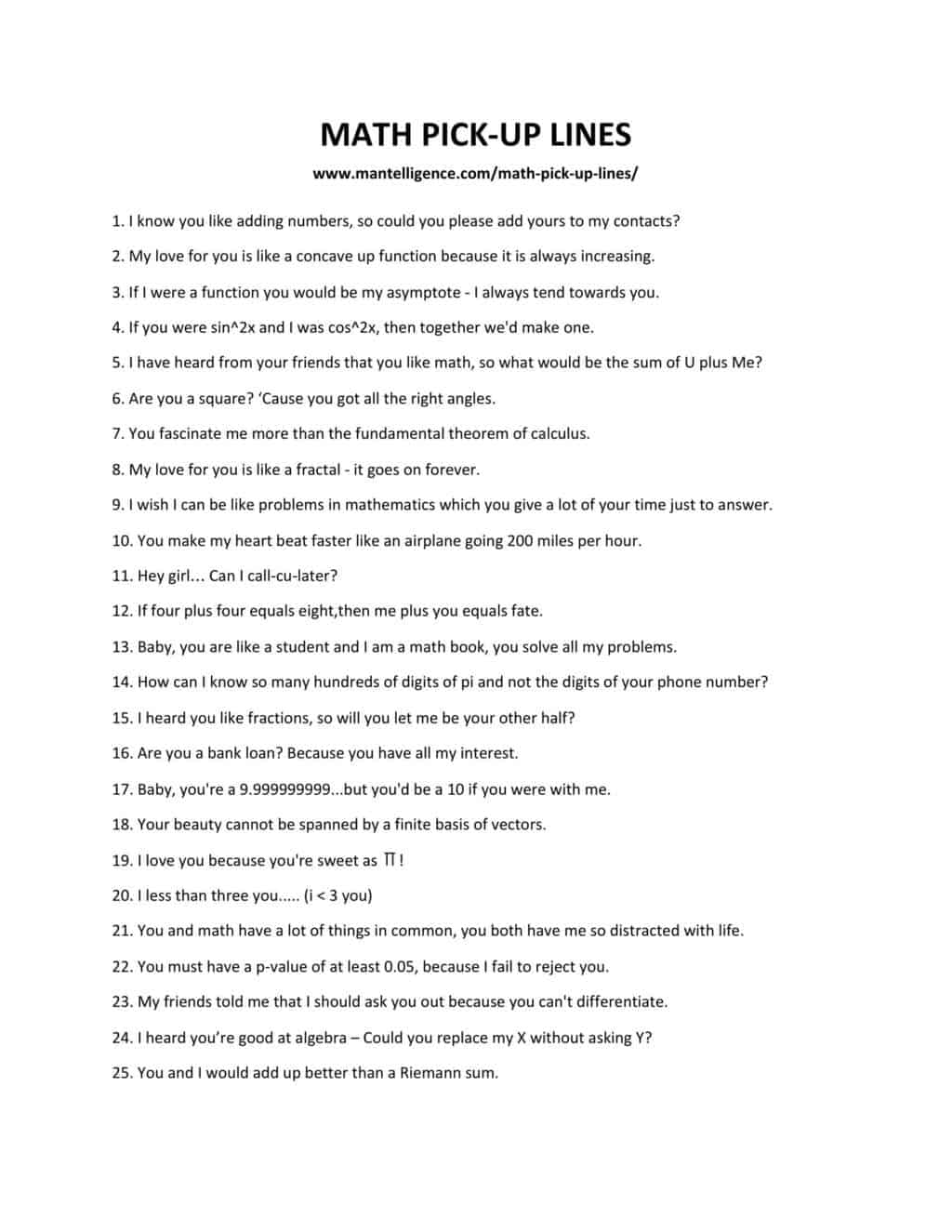 Downloadable list of pick up lines